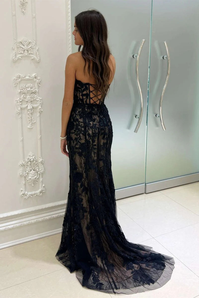 Mermaid Sweetheart Corset Lace Appliques Tulle Black Long Prom Dress