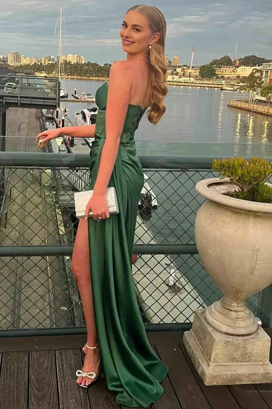 Mermaid Sweetheart Corset Pleated High Slit Satin Green Long Evening Dress