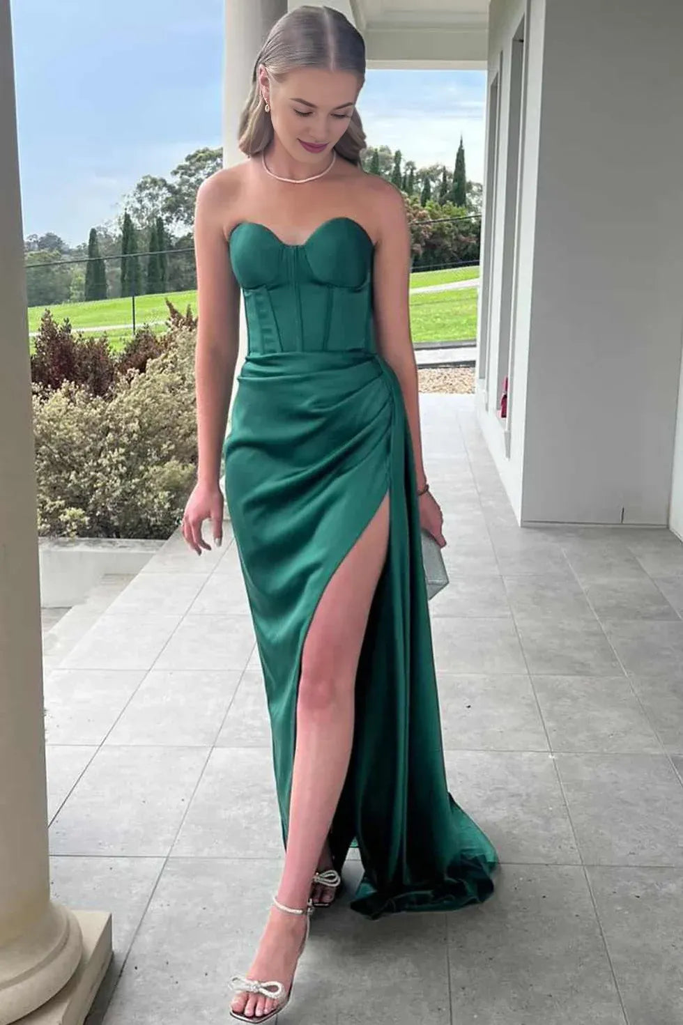 Mermaid Sweetheart Corset Pleated High Slit Satin Green Long Evening Dress