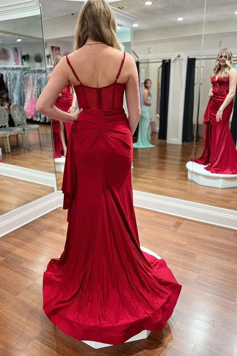Mermaid Sweetheart Corset Satin Dark Red Long Prom Dress With Slit