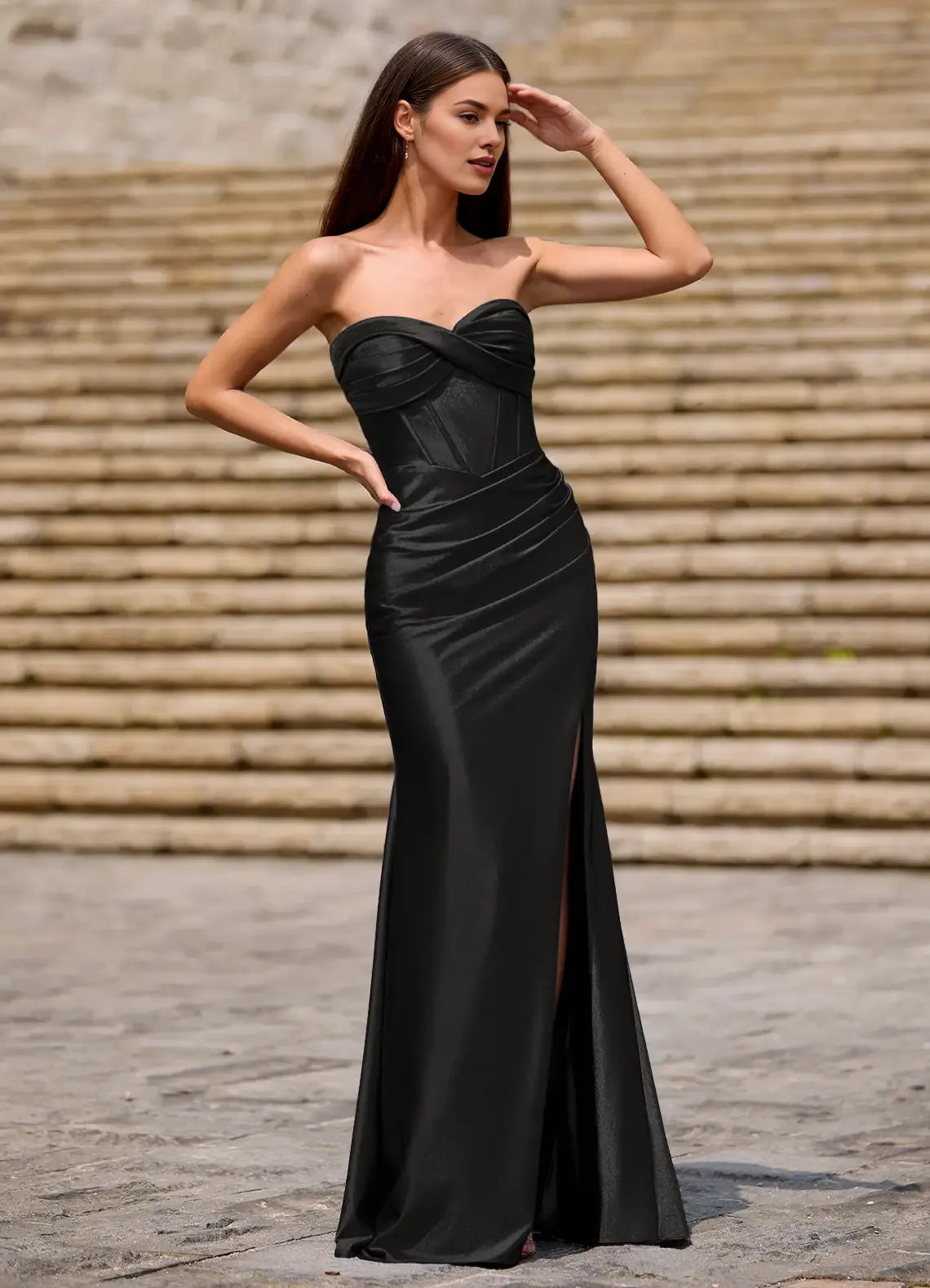 Mermaid Sweetheart Corset Twist Satin Black Maxi Prom Dress With Slit