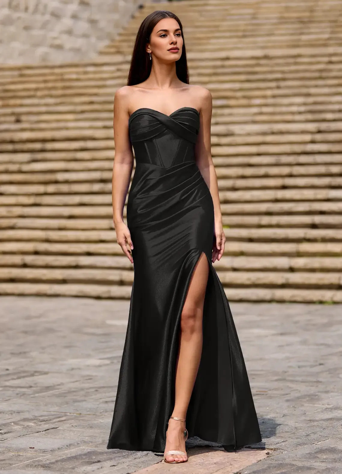 Mermaid Sweetheart Corset Twist Satin Black Maxi Prom Dress With Slit