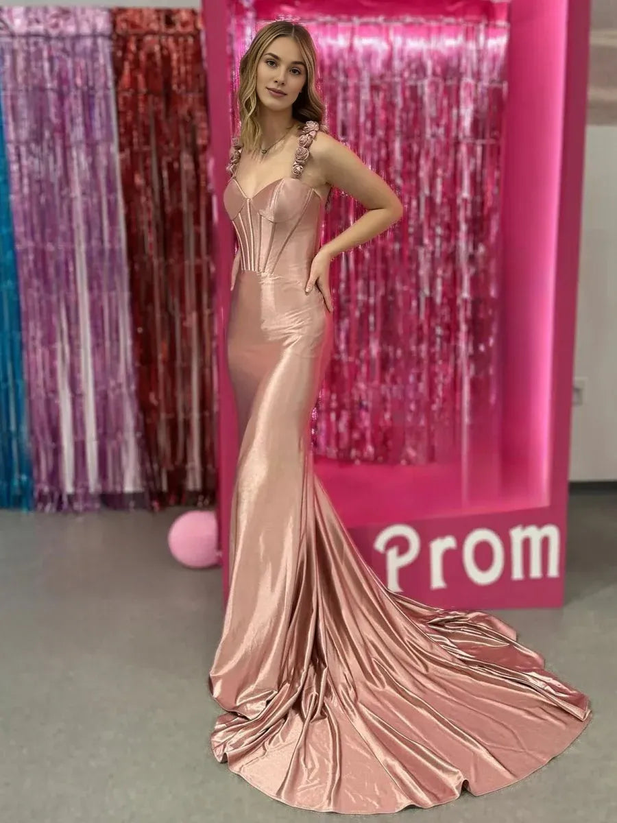 Mermaid Sweetheart Floral Straps Corset Satin Hot Pink Long Evening Dress