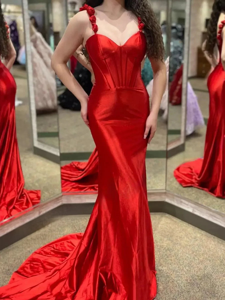 Mermaid Sweetheart Floral Straps Corset Satin Hot Pink Long Evening Dress