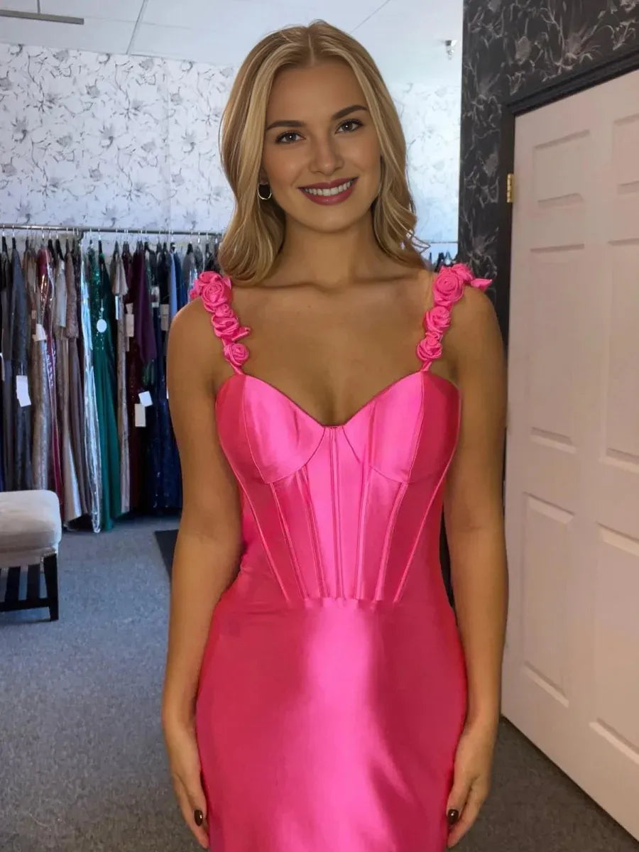 Mermaid Sweetheart Floral Straps Corset Satin Hot Pink Long Evening Dress