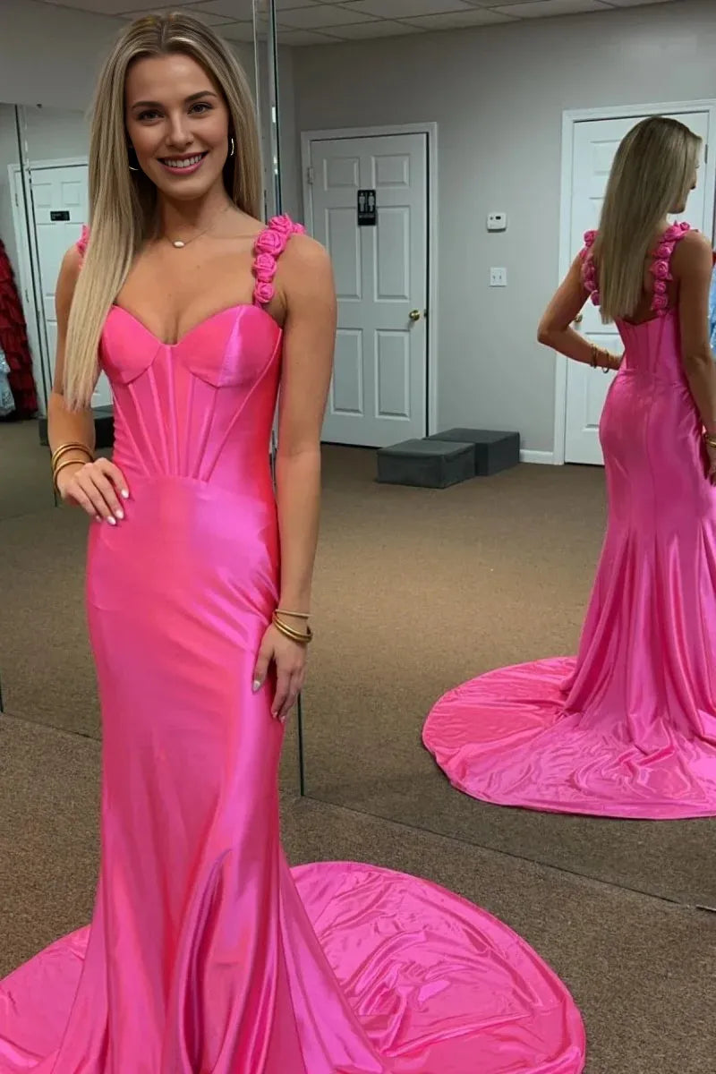 Mermaid Sweetheart Floral Straps Corset Satin Hot Pink Long Evening Dress