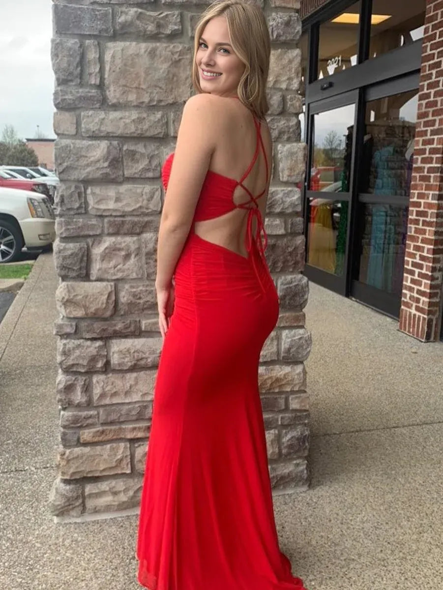 Mermaid Sweetheart Neck Cutout Backless Chiffon Red Long Evening Dress