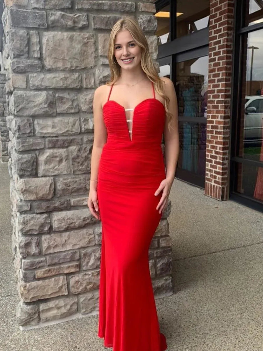 Mermaid Sweetheart Neck Cutout Backless Chiffon Red Long Evening Dress