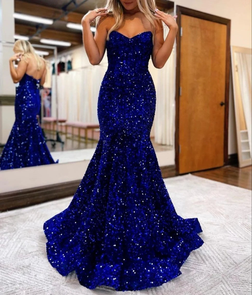 Mermaid Sweetheart Neck Sequin Royal Blue Floor Length Evening Dresses