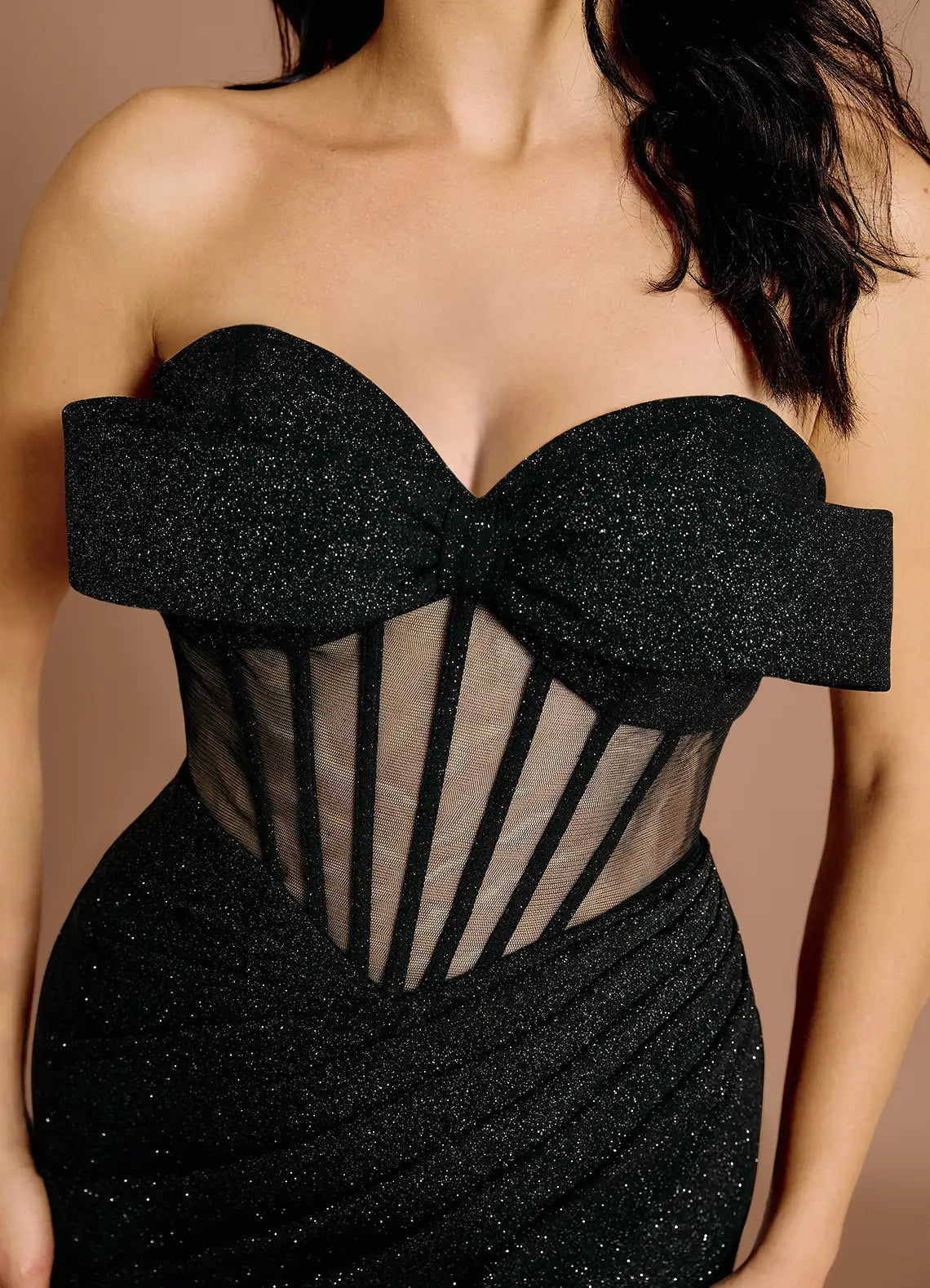 Mermaid Sweetheart Pleated Glitter Satin Mesh Black Maxi Evening Dress