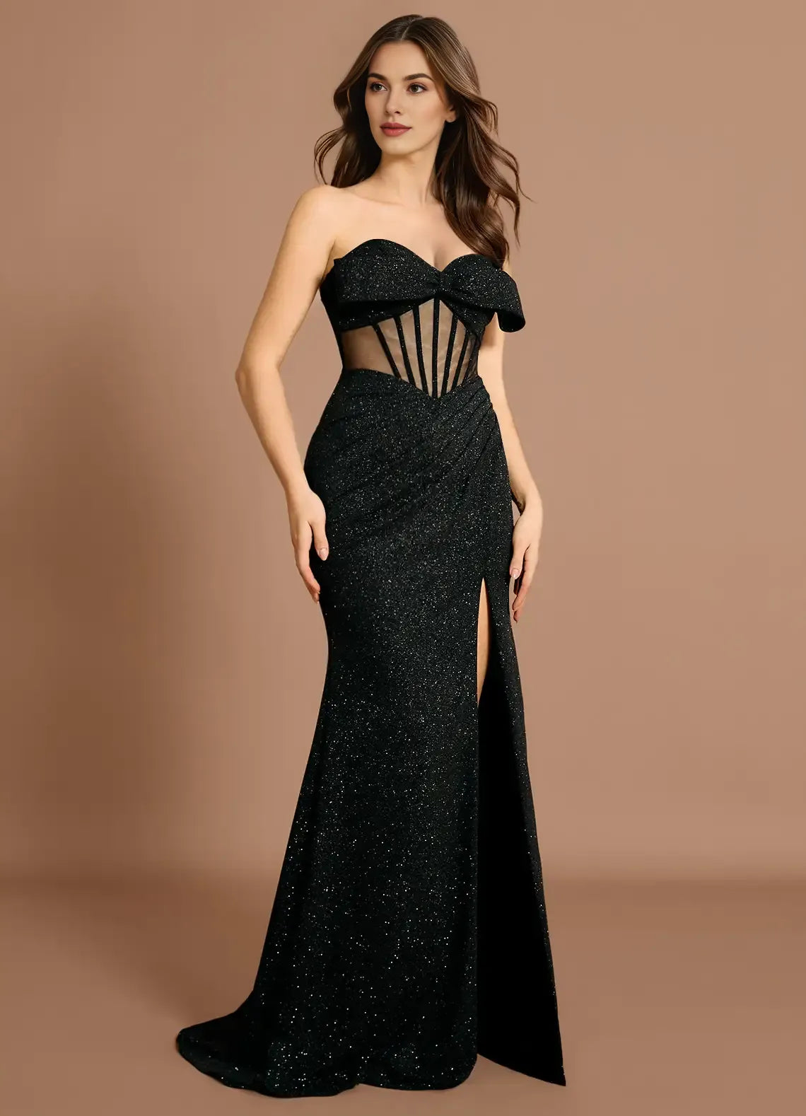 Mermaid Sweetheart Pleated Glitter Satin Mesh Black Maxi Evening Dress