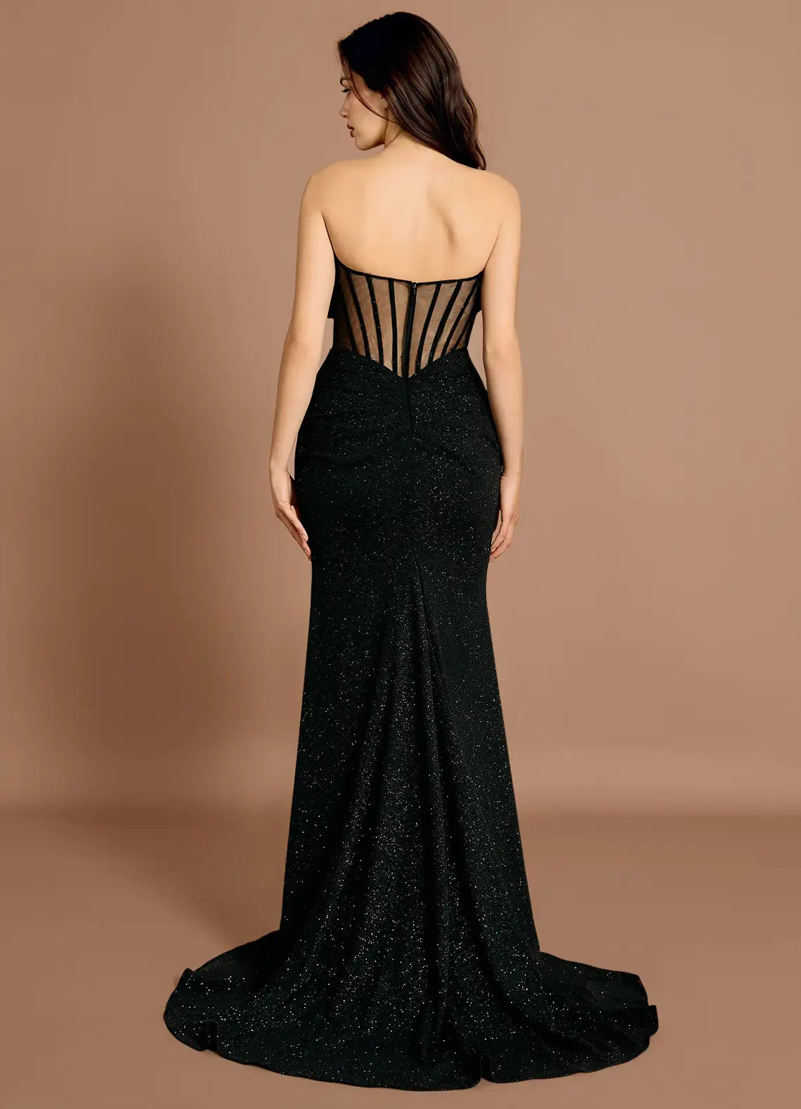 Mermaid Sweetheart Pleated Glitter Satin Mesh Black Maxi Evening Dress