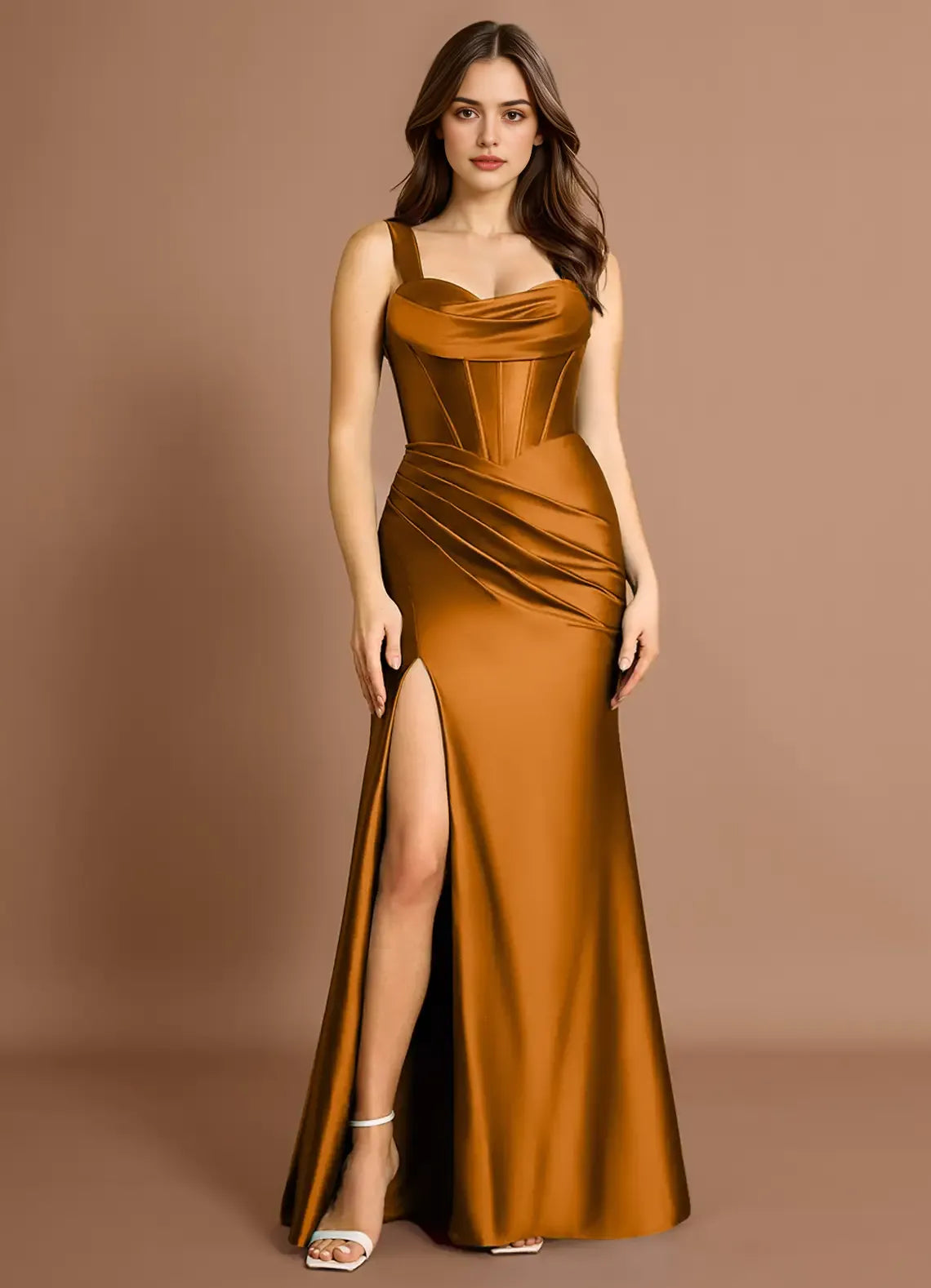 Mermaid Sweetheart Pleated Satin Spice Maxi Evening Dress With Slit