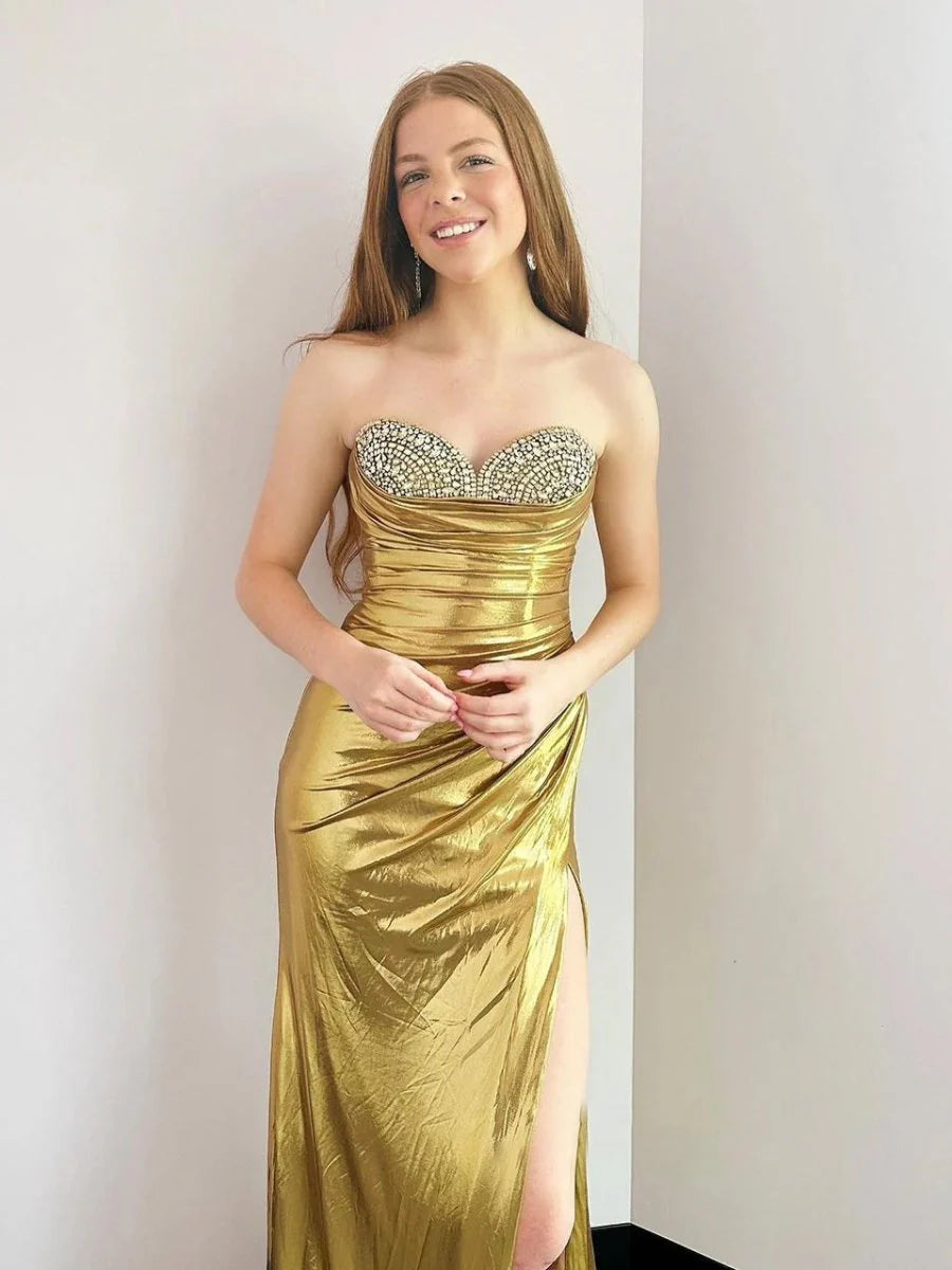 Mermaid Sweetheart Rhinestones Metallic Silver Long Evening Dress With Slit