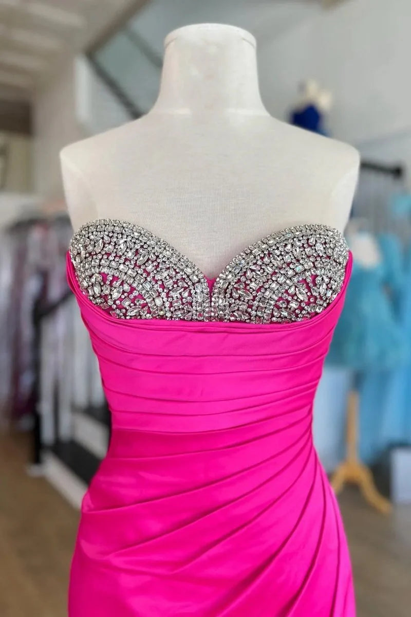 Mermaid Sweetheart Rhinestones Metallic Silver Long Evening Dress With Slit