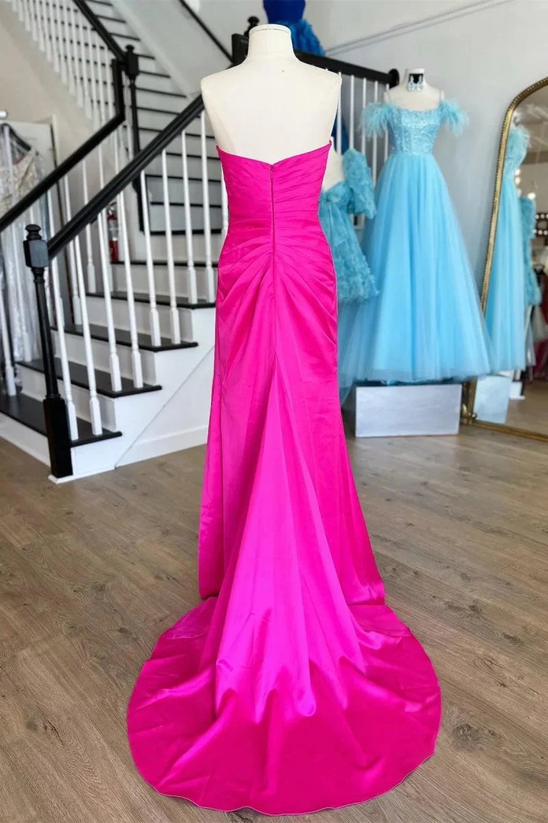 Mermaid Sweetheart Rhinestones Metallic Silver Long Evening Dress With Slit