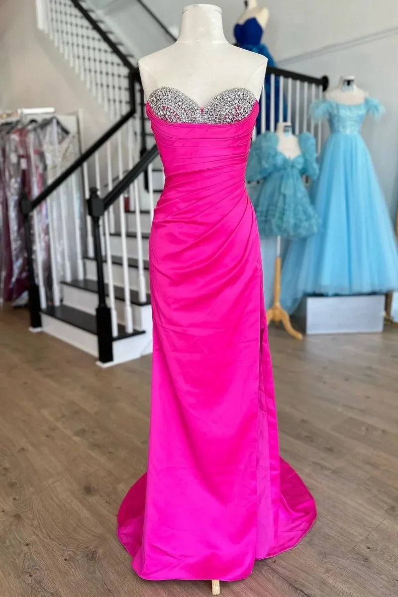 Mermaid Sweetheart Rhinestones Metallic Silver Long Evening Dress With Slit