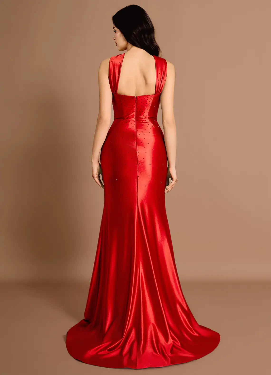 Mermaid Sweetheart Rhinestones Satin Cherry Red Maxi Evening Dress With Slit