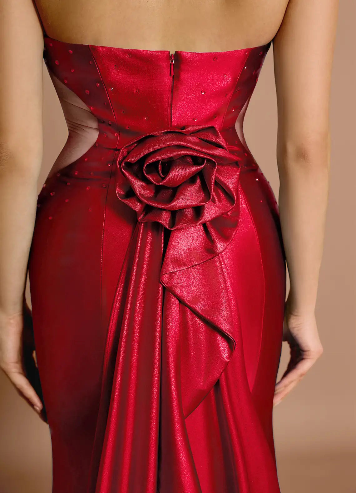 Mermaid Sweetheart Rhinestones Satin Mesh Cherry Red Evening Dress With Train