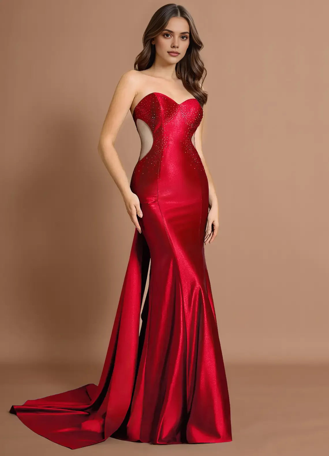 Mermaid Sweetheart Rhinestones Satin Mesh Cherry Red Evening Dress With Train