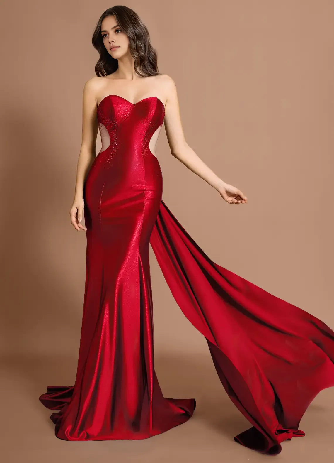 Mermaid Sweetheart Rhinestones Satin Mesh Cherry Red Evening Dress With Train