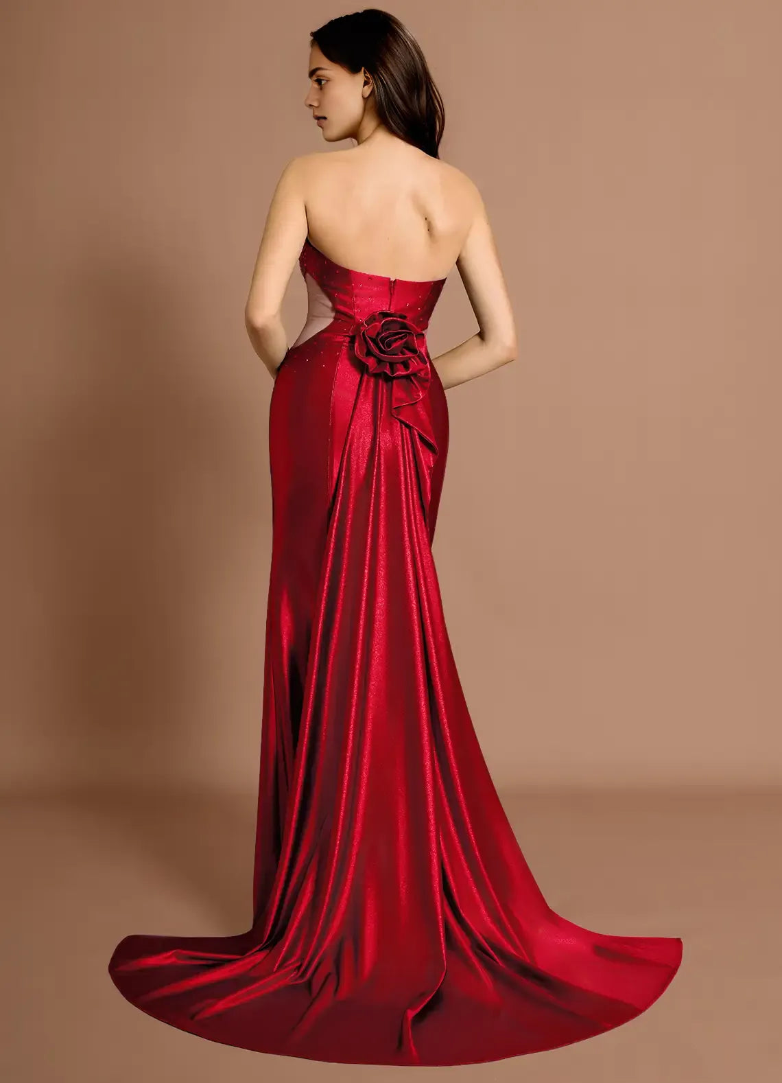 Mermaid Sweetheart Rhinestones Satin Mesh Cherry Red Evening Dress With Train