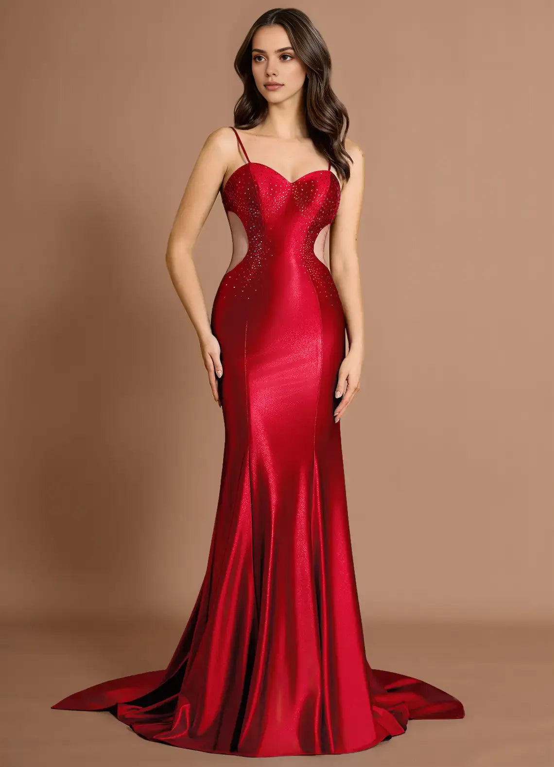 Mermaid Sweetheart Rhinestones Satin Mesh Cherry Red Evening Dress With Train