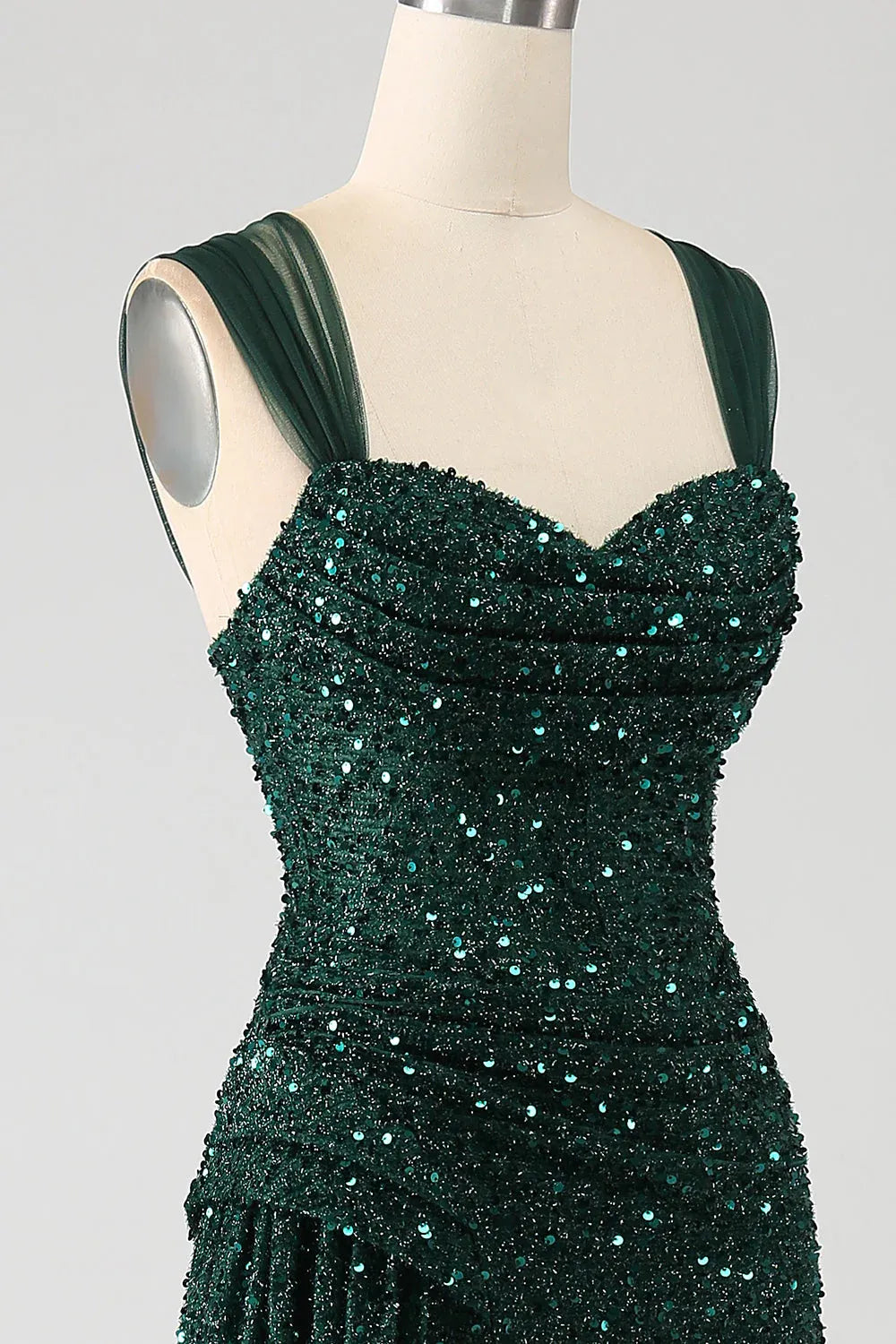 Mermaid Sweetheart Ruched Beaded Sequin Emerald Green Maxi Prom Dress With Slit