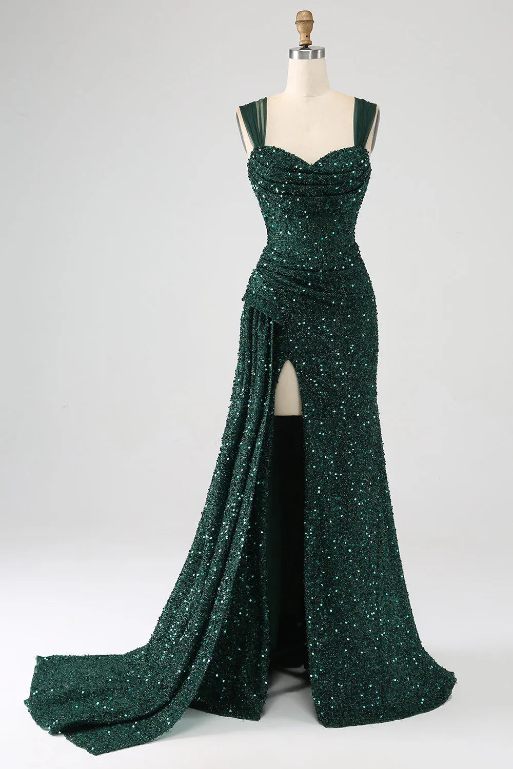 Mermaid Sweetheart Ruched Beaded Sequin Emerald Green Maxi Prom Dress With Slit