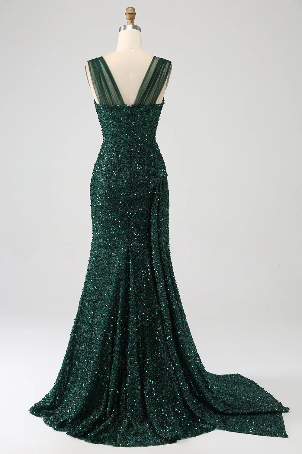 Mermaid Sweetheart Ruched Beaded Sequin Emerald Green Maxi Prom Dress With Slit