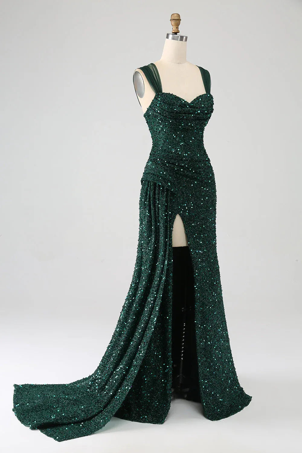 Mermaid Sweetheart Ruched Beaded Sequin Emerald Green Maxi Prom Dress With Slit