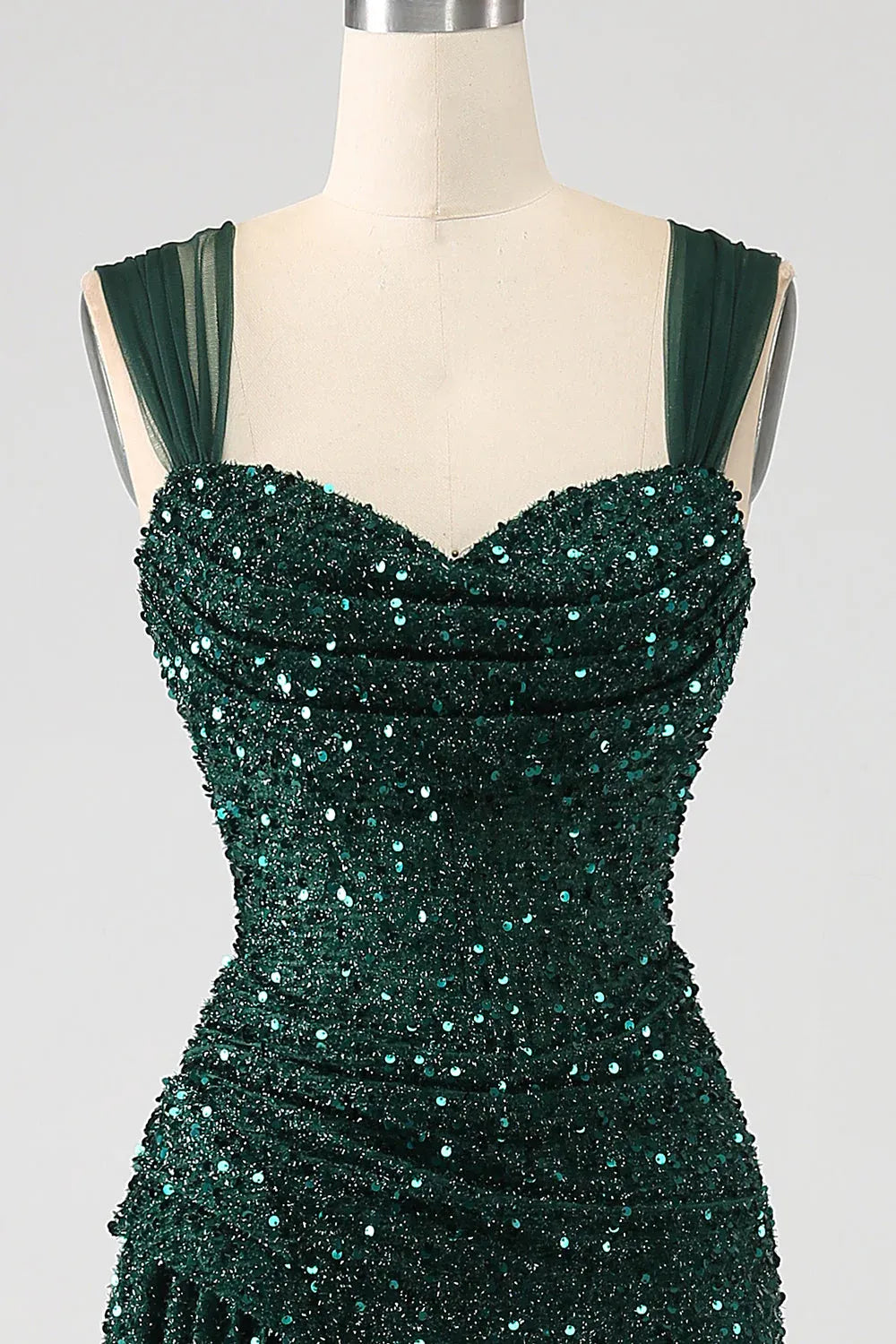 Mermaid Sweetheart Ruched Beaded Sequin Emerald Green Maxi Prom Dress With Slit