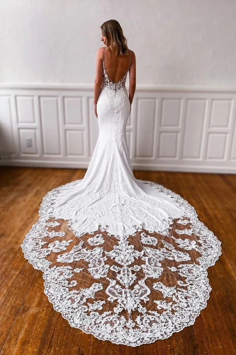 Mermaid Sweetheart Spaghetti Straps Appliques Lace Wedding Dresses With Overlength Train