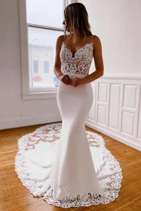 Mermaid Sweetheart Spaghetti Straps Appliques Lace Wedding Dresses With Overlength Train