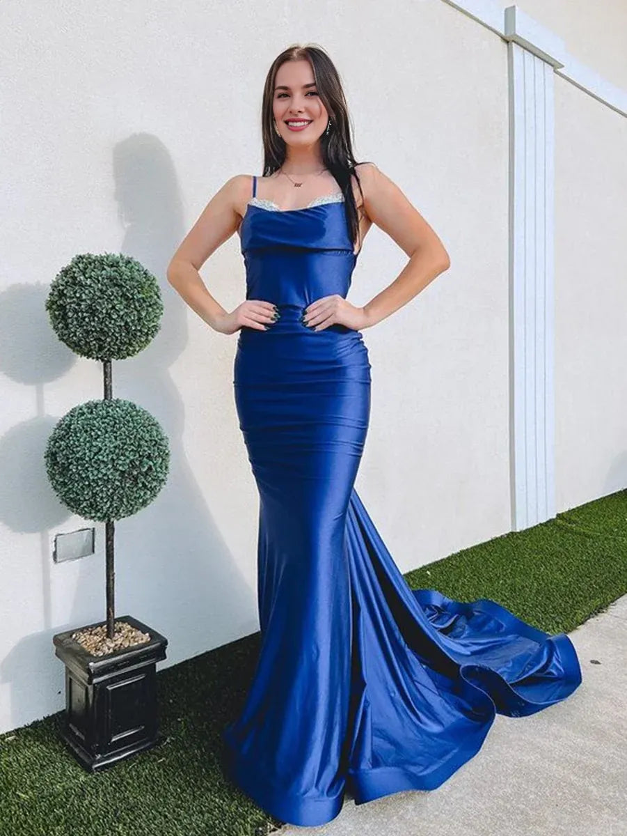 Mermaid Sweetheart Spaghetti Straps Beaded Backless Navy Long Evening Dress