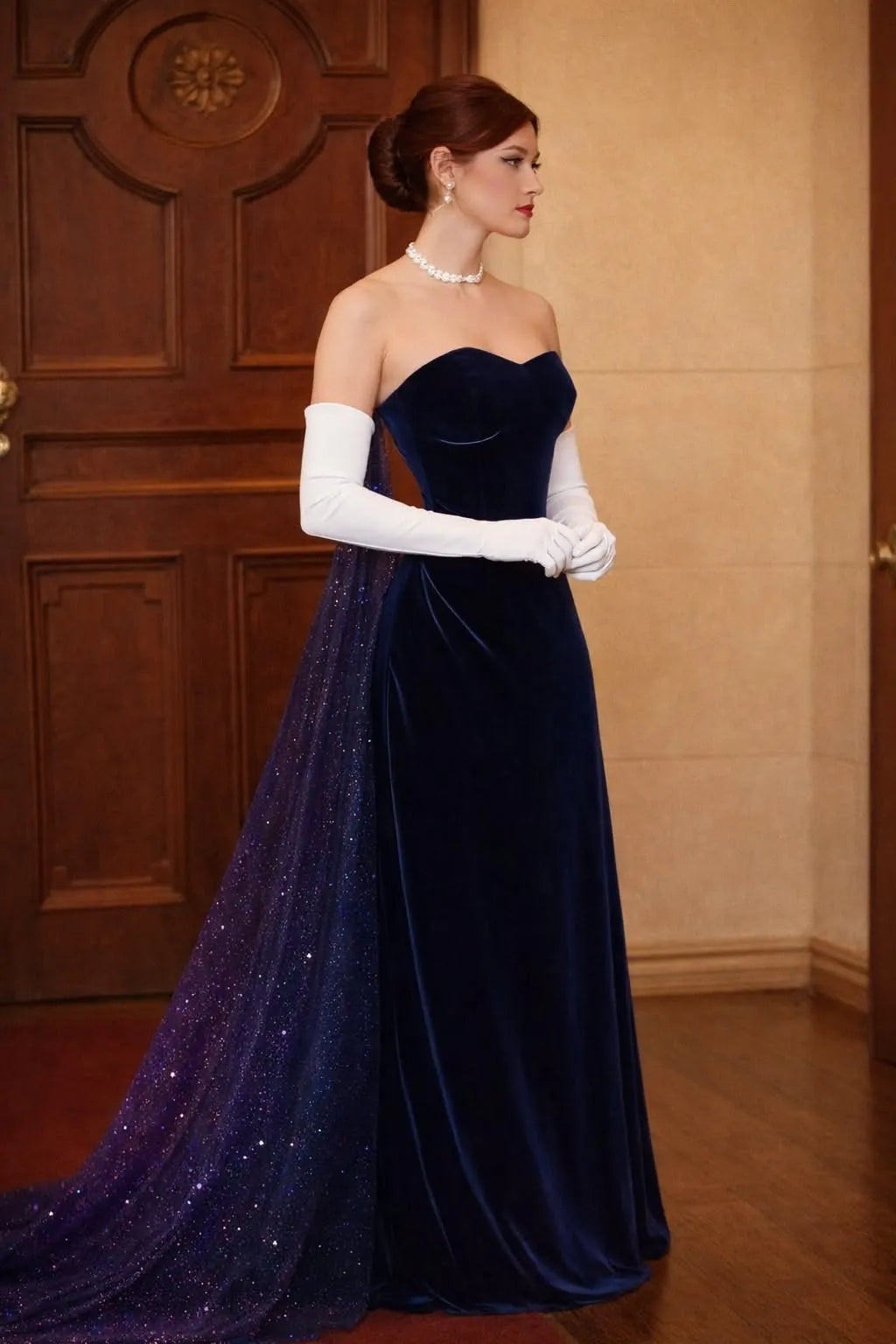 Mermaid Sweetheart Starry Cape Navy Blue Evening Dress With Train No Gloves