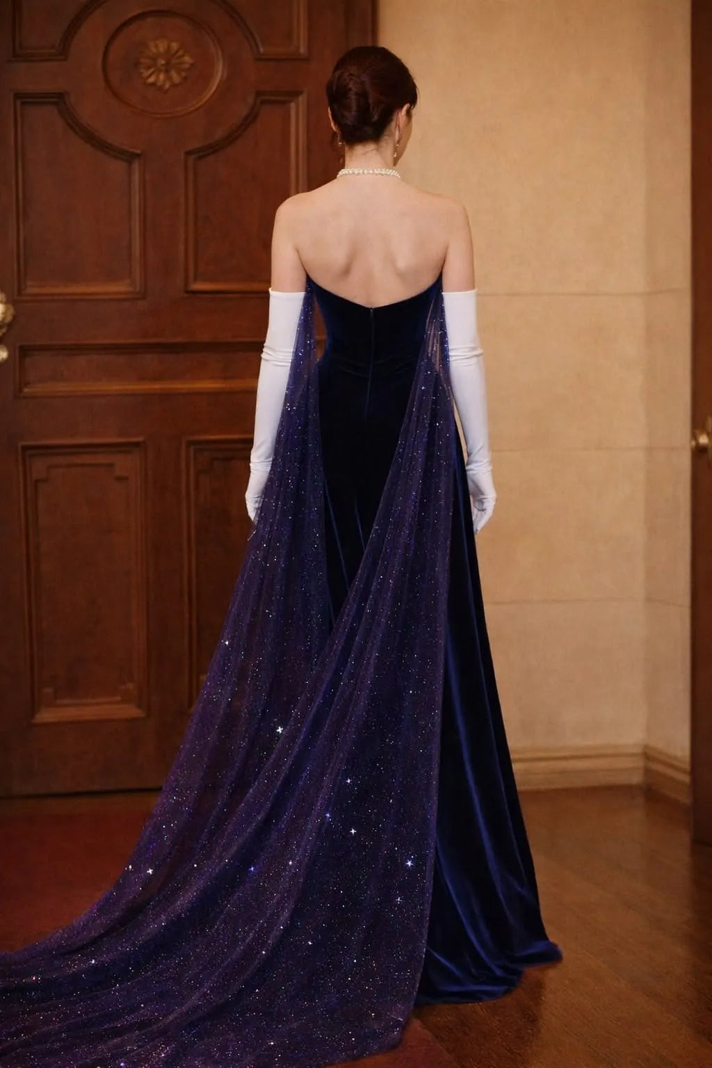 Mermaid Sweetheart Starry Cape Navy Blue Evening Dress With Train No Gloves