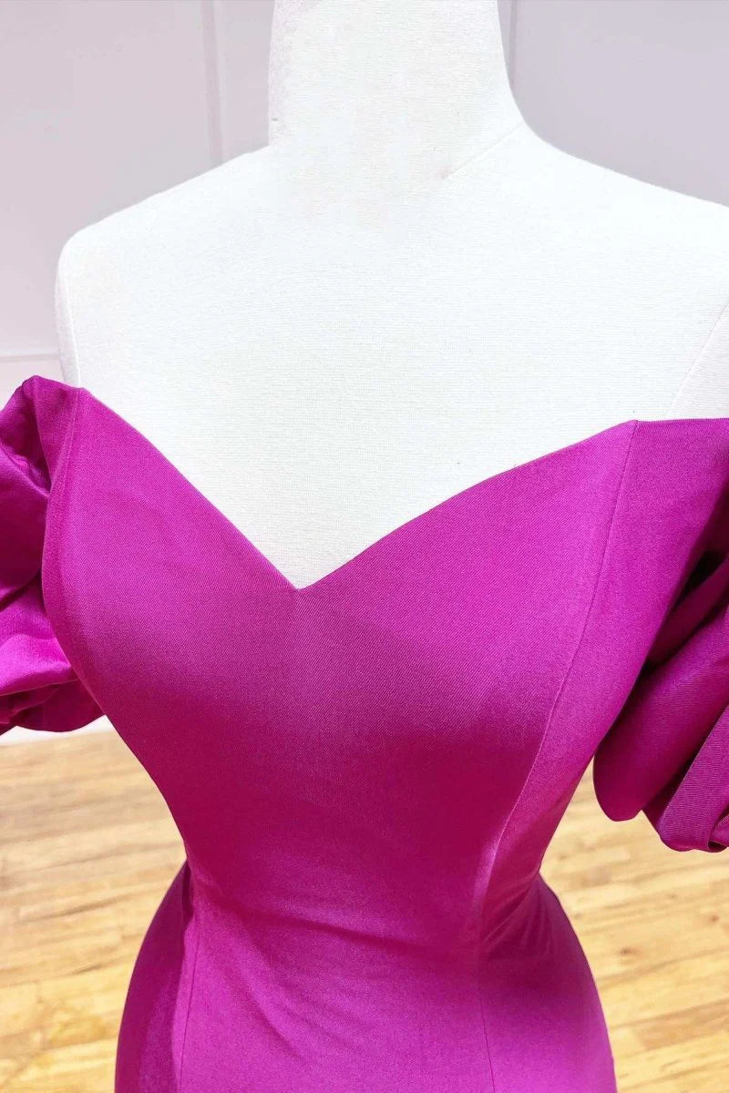 Mermaid Trumpet Strapless Short Sleeves Satin Magenta Long Evening Dress
