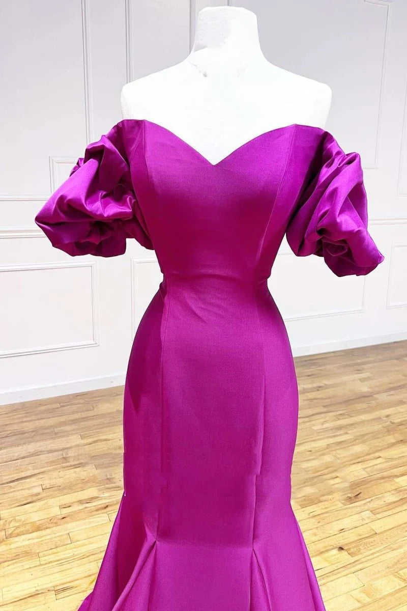 Mermaid Trumpet Strapless Short Sleeves Satin Magenta Long Evening Dress