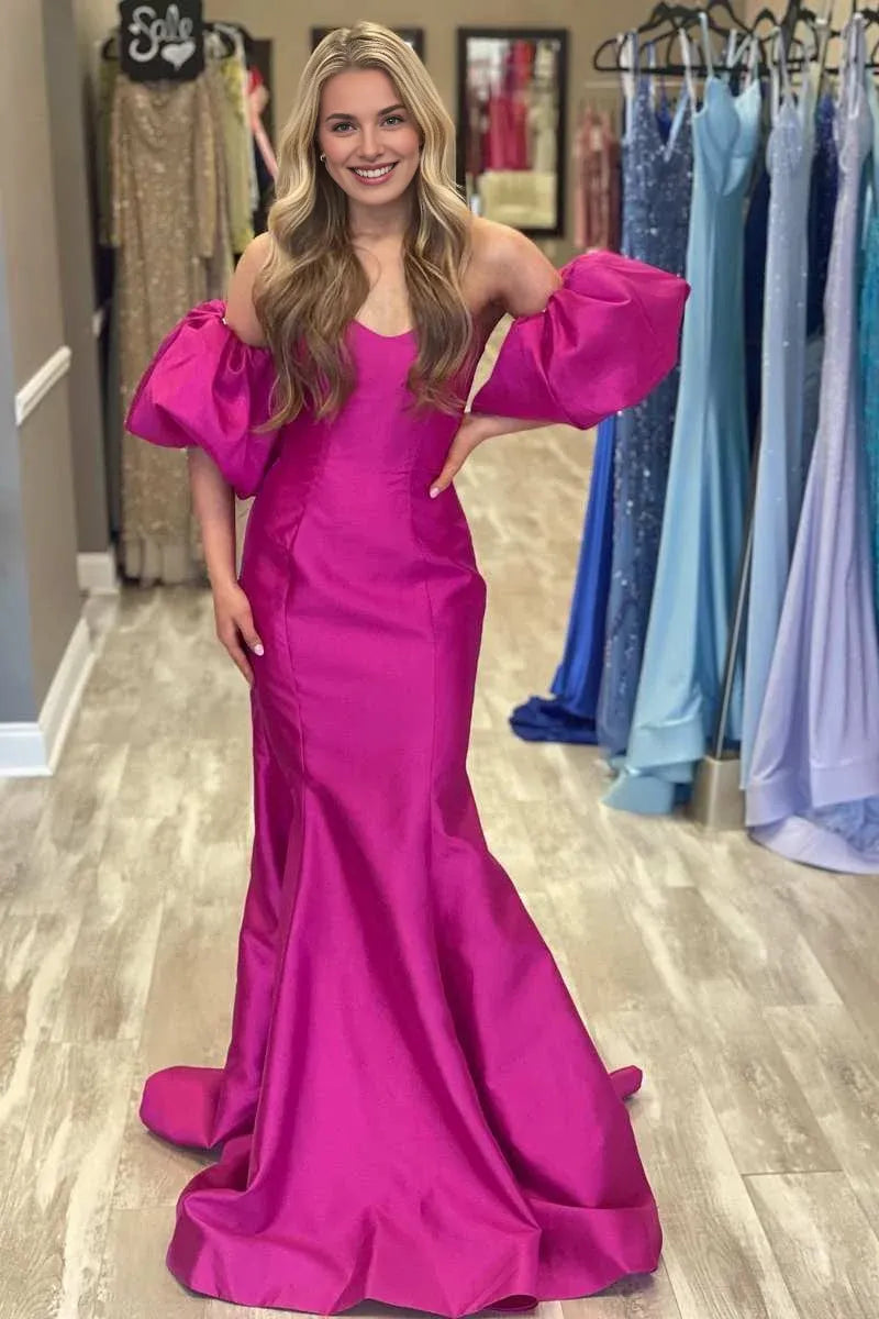 Mermaid Trumpet Strapless Short Sleeves Satin Magenta Long Evening Dress
