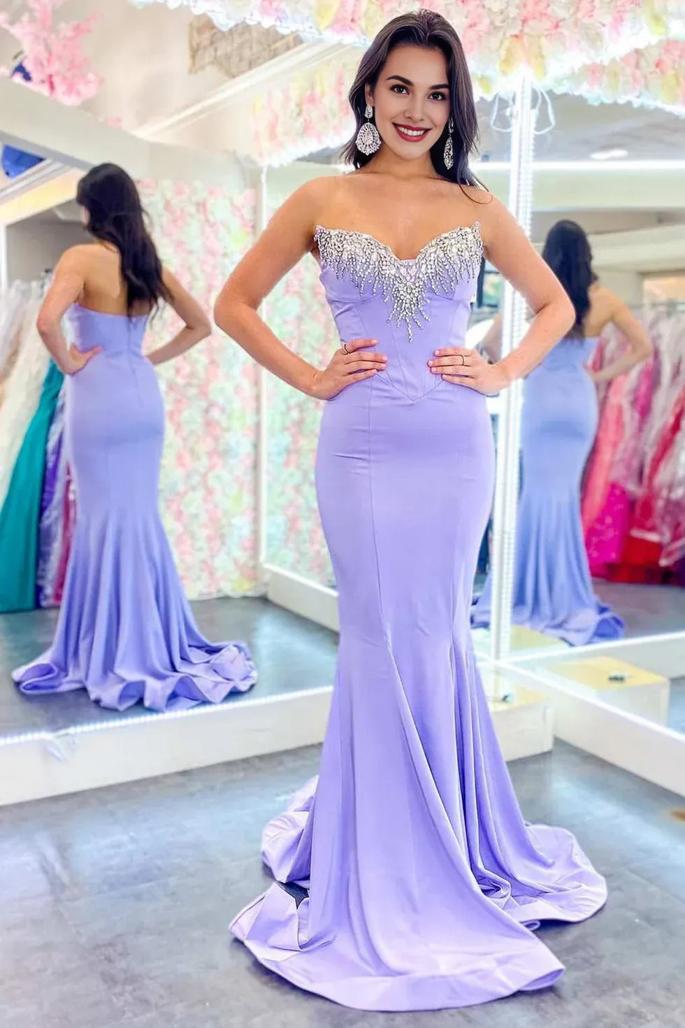 Mermaid Trumpet Strapless Rhinestones Lavender Long Formal Evening Dress