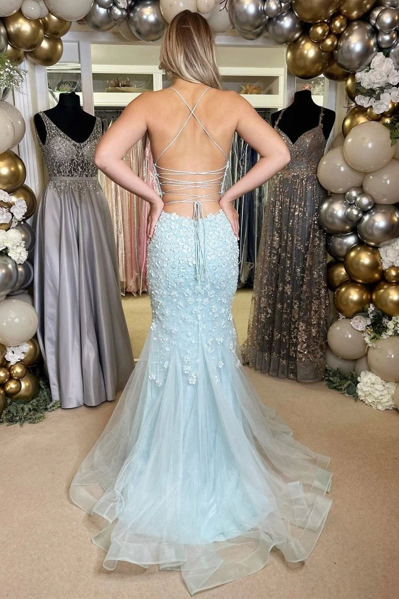 Mermaid V-Neck Appliques Lace-Up Tulle Light Blue Long Evening Dress