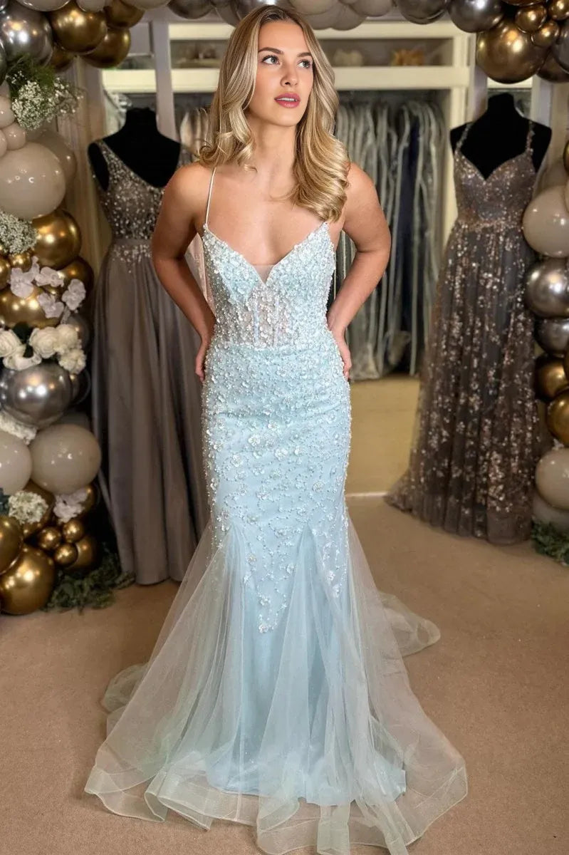 Mermaid V-Neck Appliques Lace-Up Tulle Light Blue Long Evening Dress