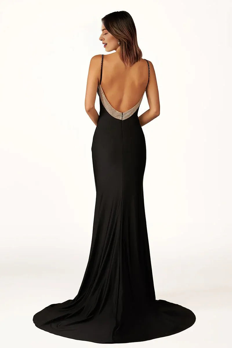 Mermaid V-Neck Beaded Velvet Navy Blue Evening Dress With Train