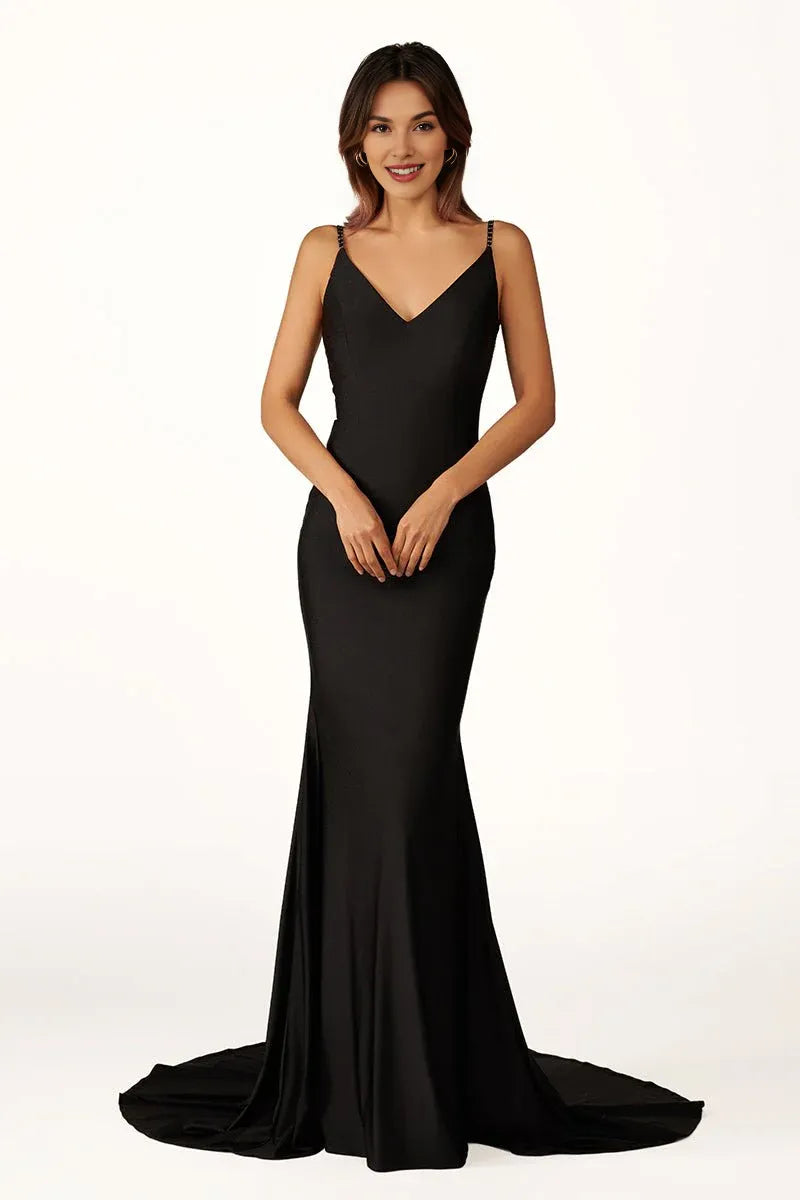 Mermaid V-Neck Beaded Velvet Navy Blue Evening Dress With Train