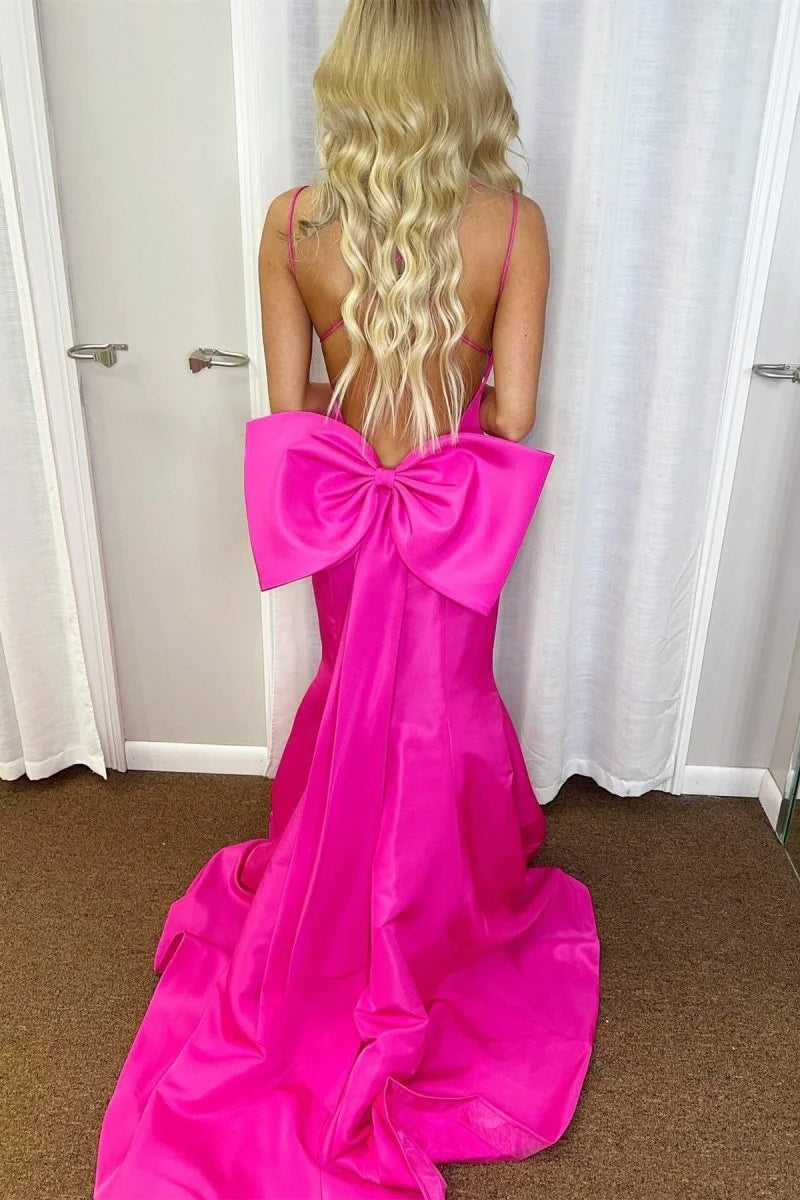 Mermaid V-Neck Bow-Back Satin Hot Pink Long Prom Dress With Trumpet Hem