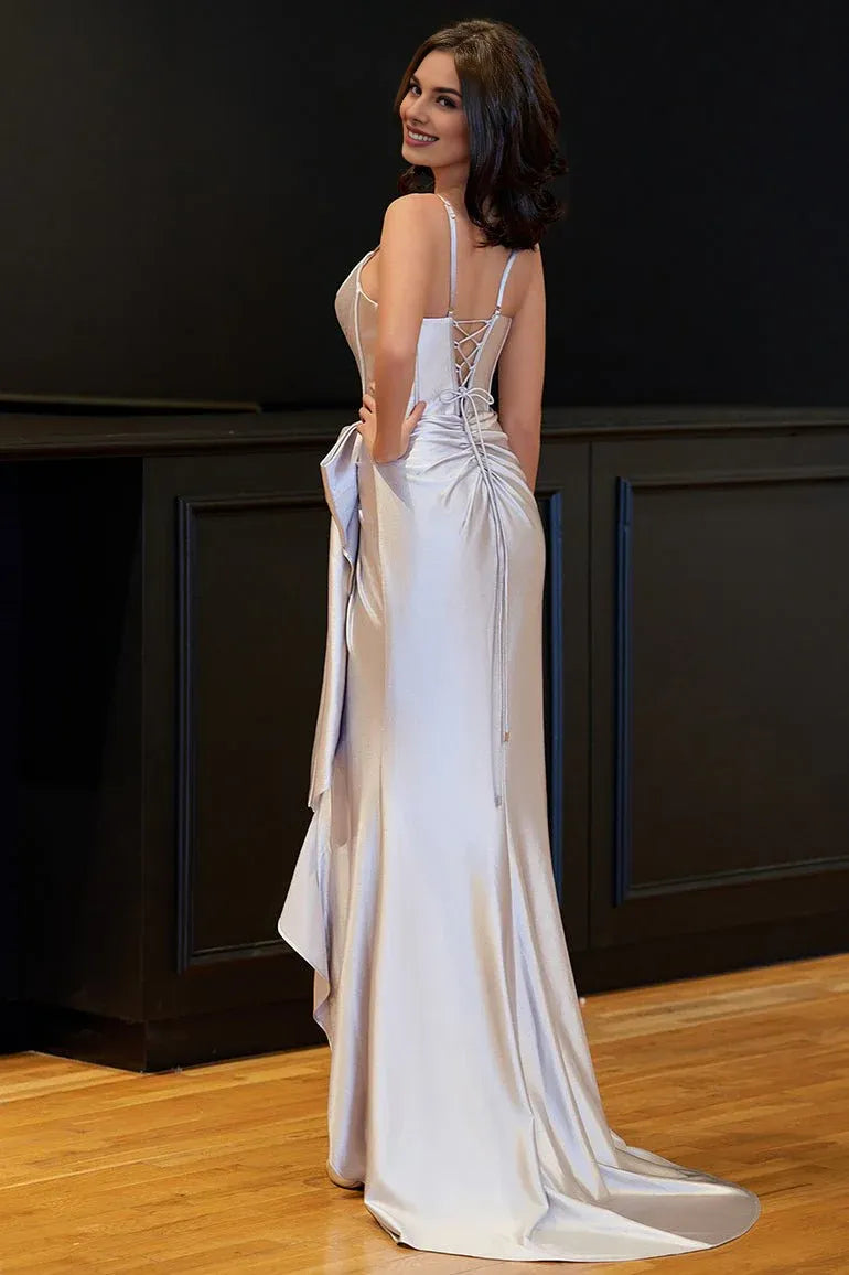 Mermaid V-Neck Corset Ruffle Satin Silver Long Evening Dress With Bow