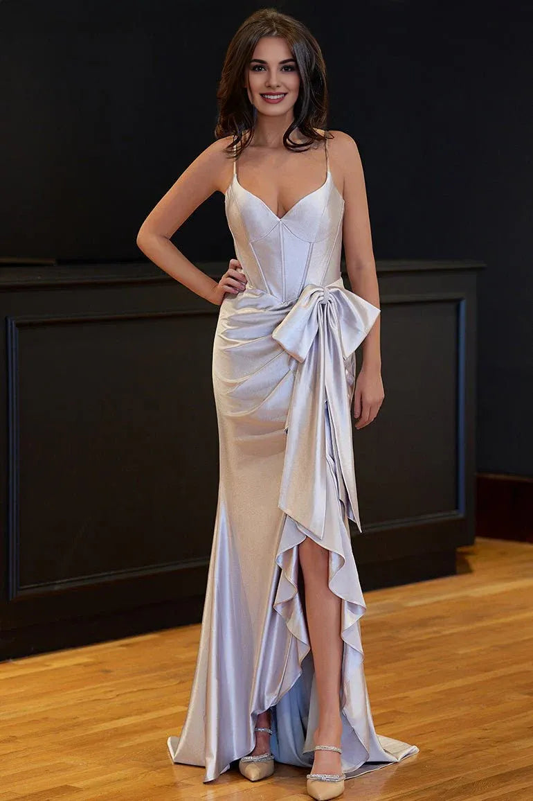Mermaid V-Neck Corset Ruffle Satin Silver Long Evening Dress With Bow