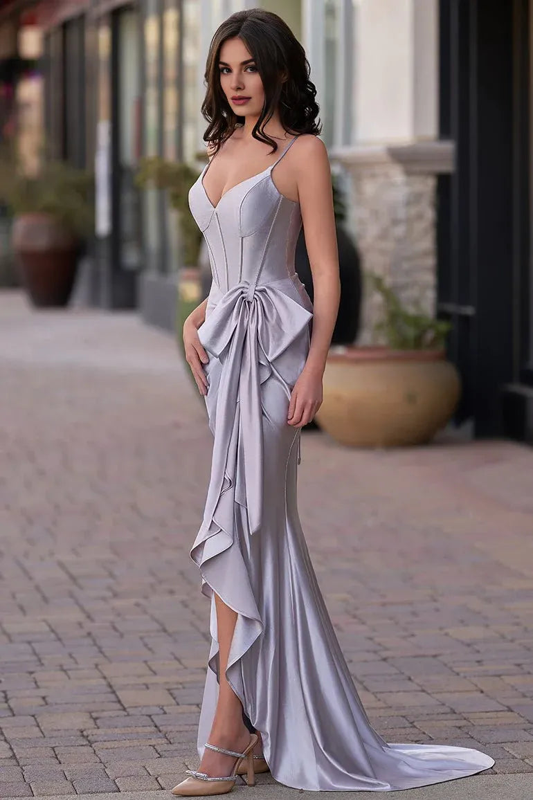 Mermaid V-Neck Corset Ruffle Satin Silver Long Evening Dress With Bow