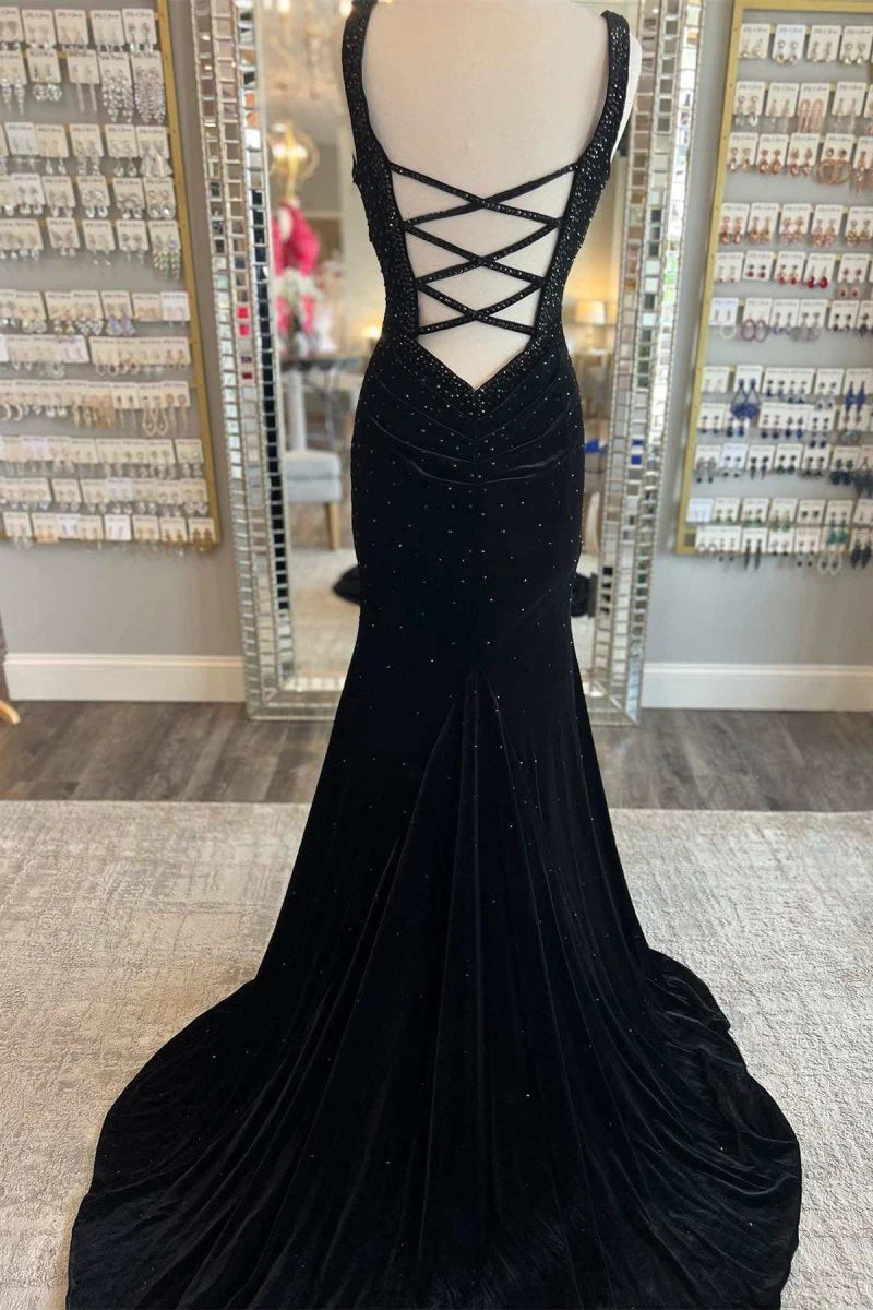 Mermaid V-Neck Cutout Back Velvet Emerald Long Formal Evening Dress
